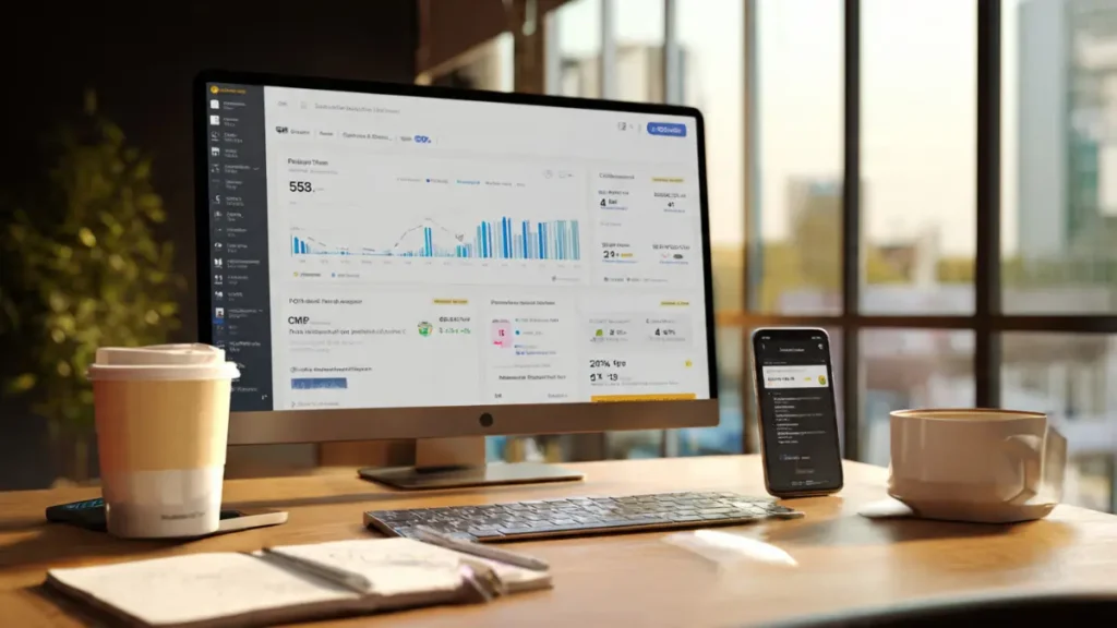 Workspace com computador exibindo métricas de campanha de anúncios para venda de e-books