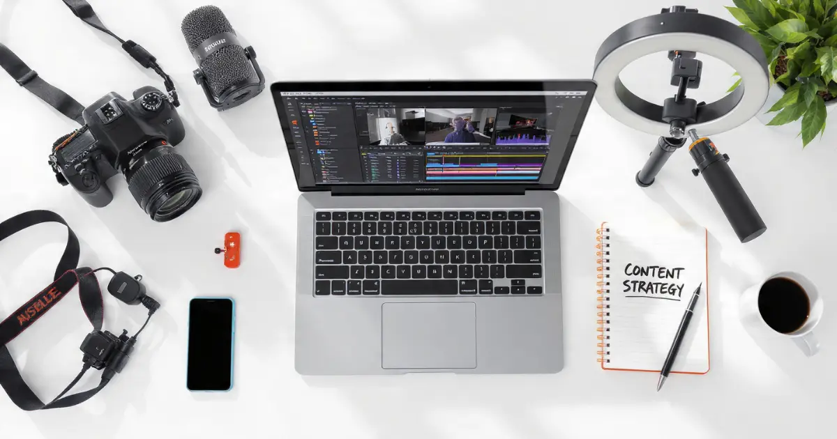Mesa de trabalho com equipamentos para criar conteúdo digital incluindo câmera, laptop, microfone e ring light