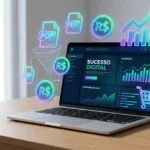 Pessoa vendendo ebooks online com gráficos de faturamento e ícones de produtos digitais