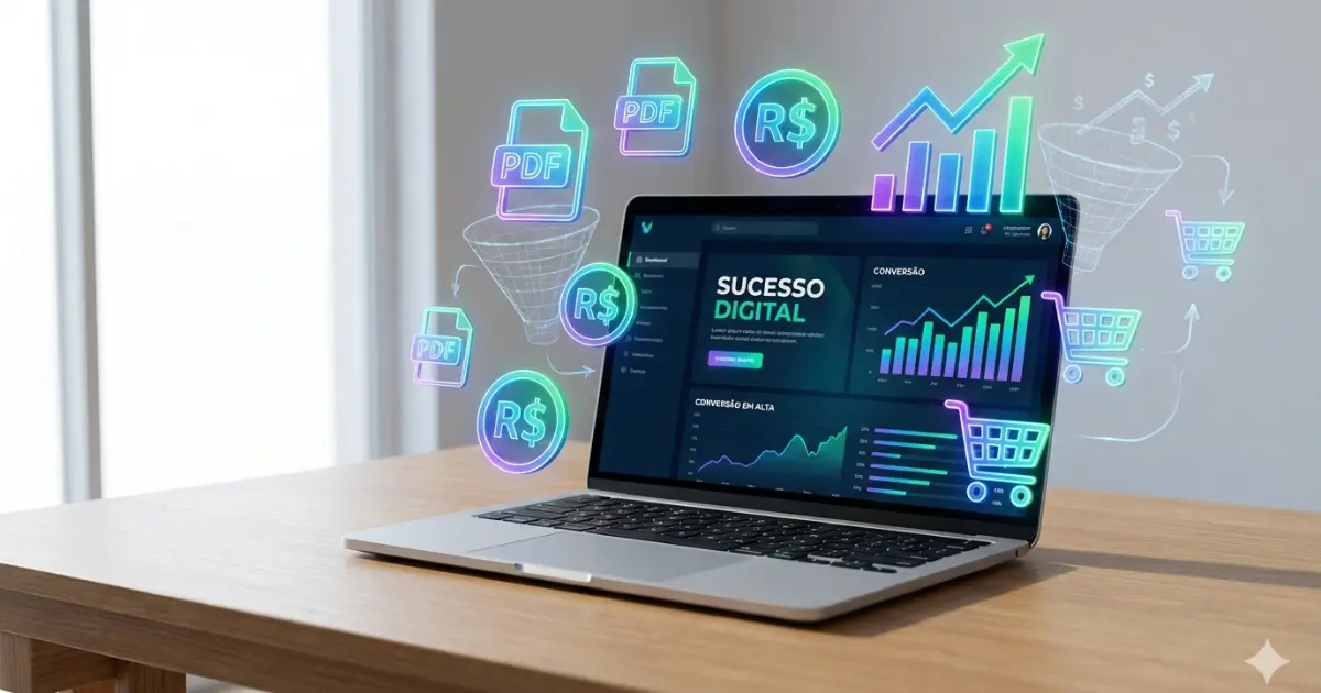 Pessoa vendendo ebooks online com gráficos de faturamento e ícones de produtos digitais