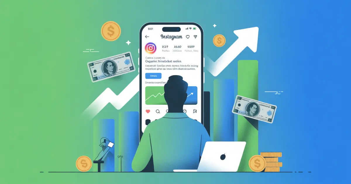 Ilustração de smartphone com Instagram e símbolos de dinheiro representando vendas orgânicas sem investimento