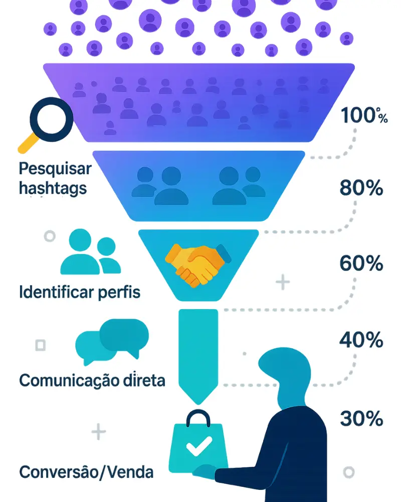 Infográfico mostrando funil de crescimento orgânico em 5 etapas com taxas de conversão