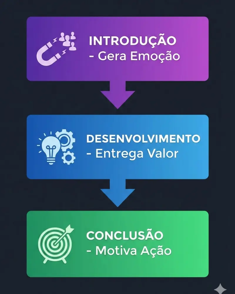 Estrutura de Roteiro Profissional para Criar Conteúdo Digital que Converte Infográfico mostrando estrutura de roteiro em três etapas: introdução, desenvolvimento e conclusão para conteúdo digital