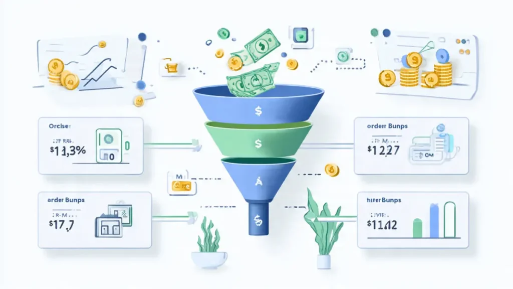 Diagrama de funil de vendas com produto principal, order bumps e upsell para Como Vender Ebook