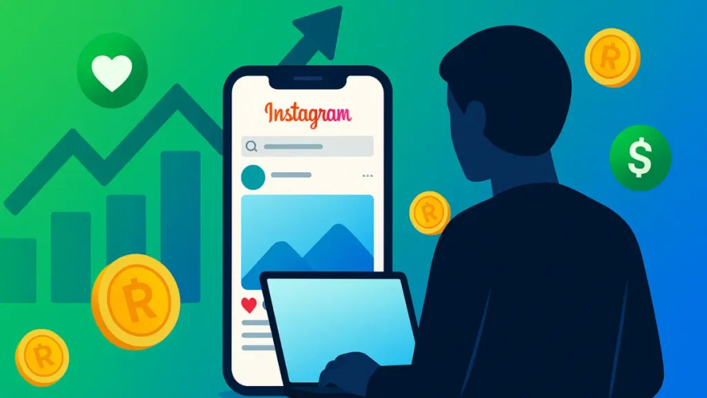Como vender no Instagram sem aparecer - ilustração mostrando estratégia de tráfego orgânico com crescimento de vendas e monetização em reais