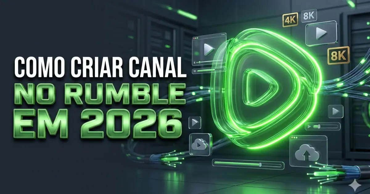 Como criar canal no Rumble em 2026 - tutorial completo com ícones de vídeo 4K e 8K em verde neon