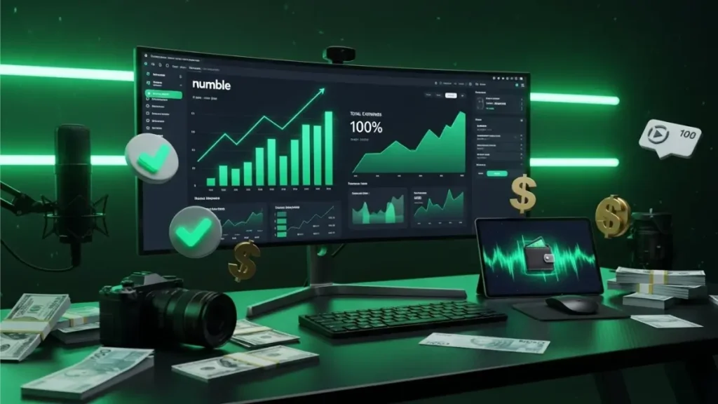 Dashboard de monetização do Rumble mostrando ganhos de 100% com gráficos de crescimento e símbolos de dólar Dashboard de monetização do Rumble mostrando ganhos de 100% com gráficos de crescimento e símbolos de dólar