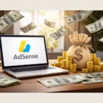 Computador ligado na tela escrito Adsense e dinheiro caindo na mesa