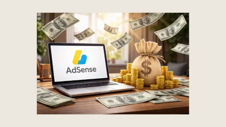 Computador ligado na tela escrito Adsense e dinheiro caindo na mesa